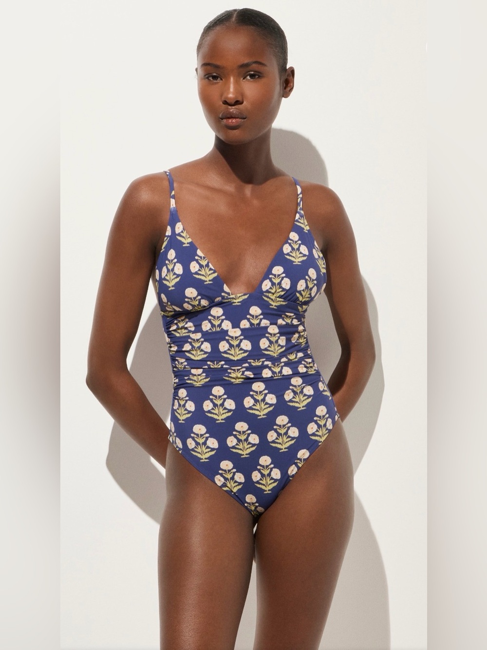 J.Crew Ruched V-Neck One-Piece Swimsuit Marigold Print Size 6 NWT